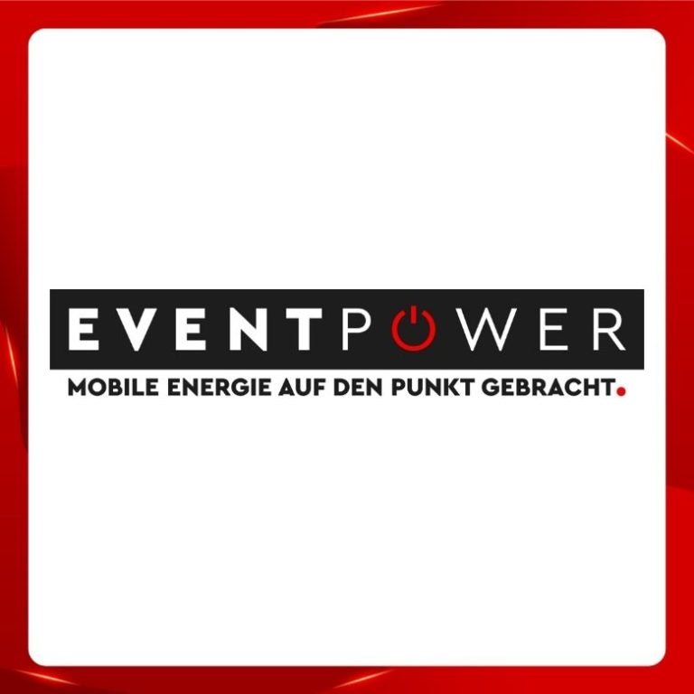 Roter Bilderrahmen mit Logo des Unternehmens Eventpower auf hellem Hintergrund.